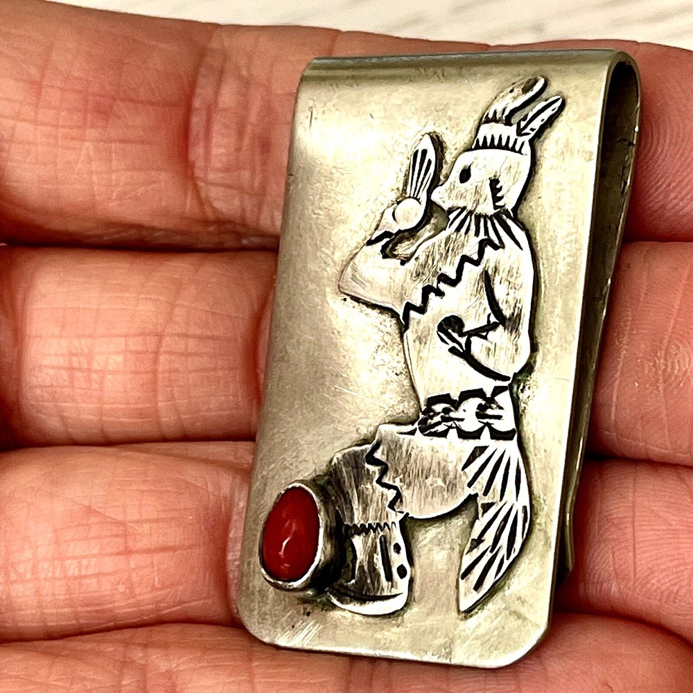 Kachina Fox Dancer‎ Coral Money Clip Sterling Hopi VTG Native Amer Turquoise